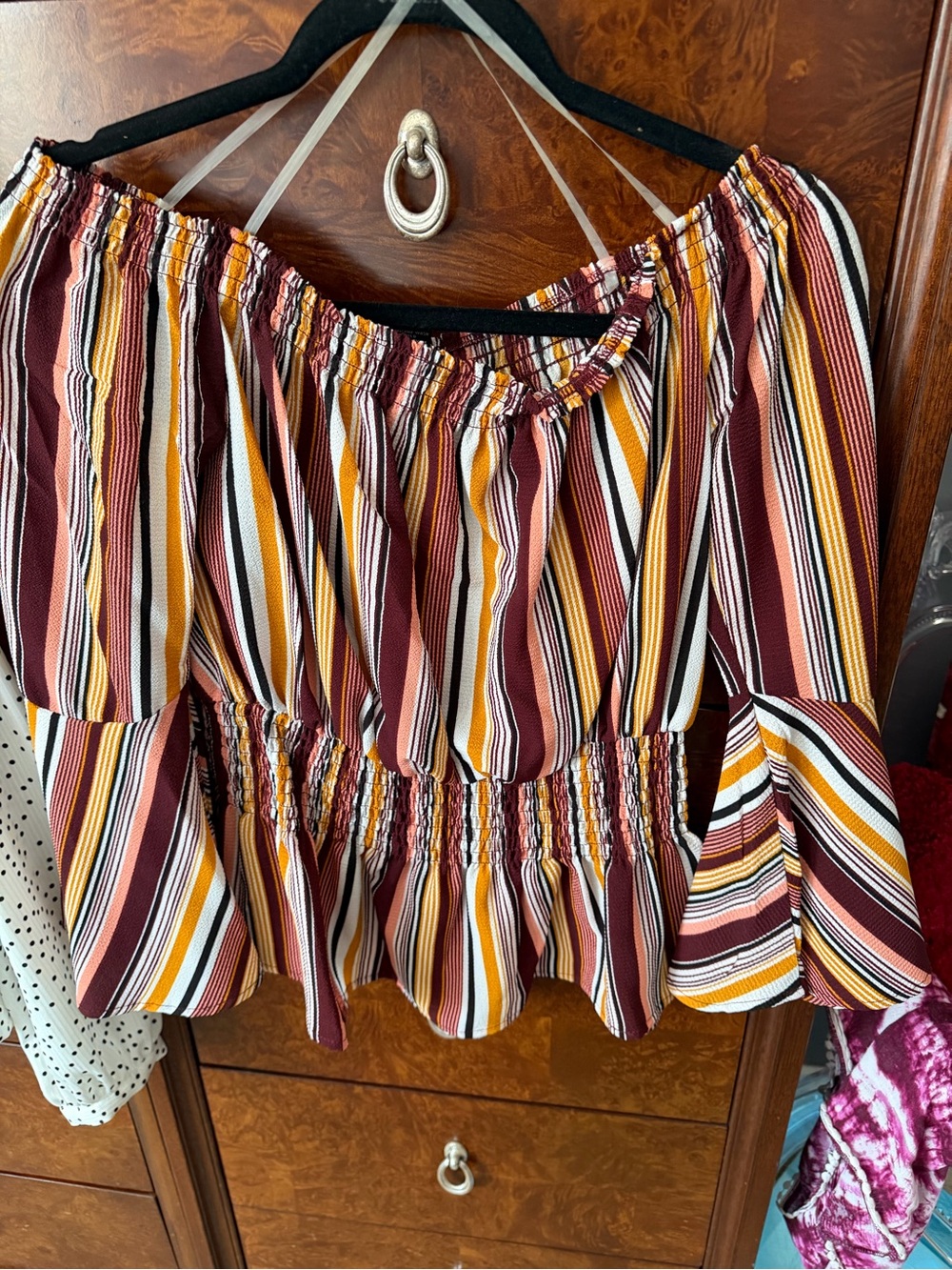 Rue21 Striped Off-Shoulder Blouse in Burgundy, Mustard & White